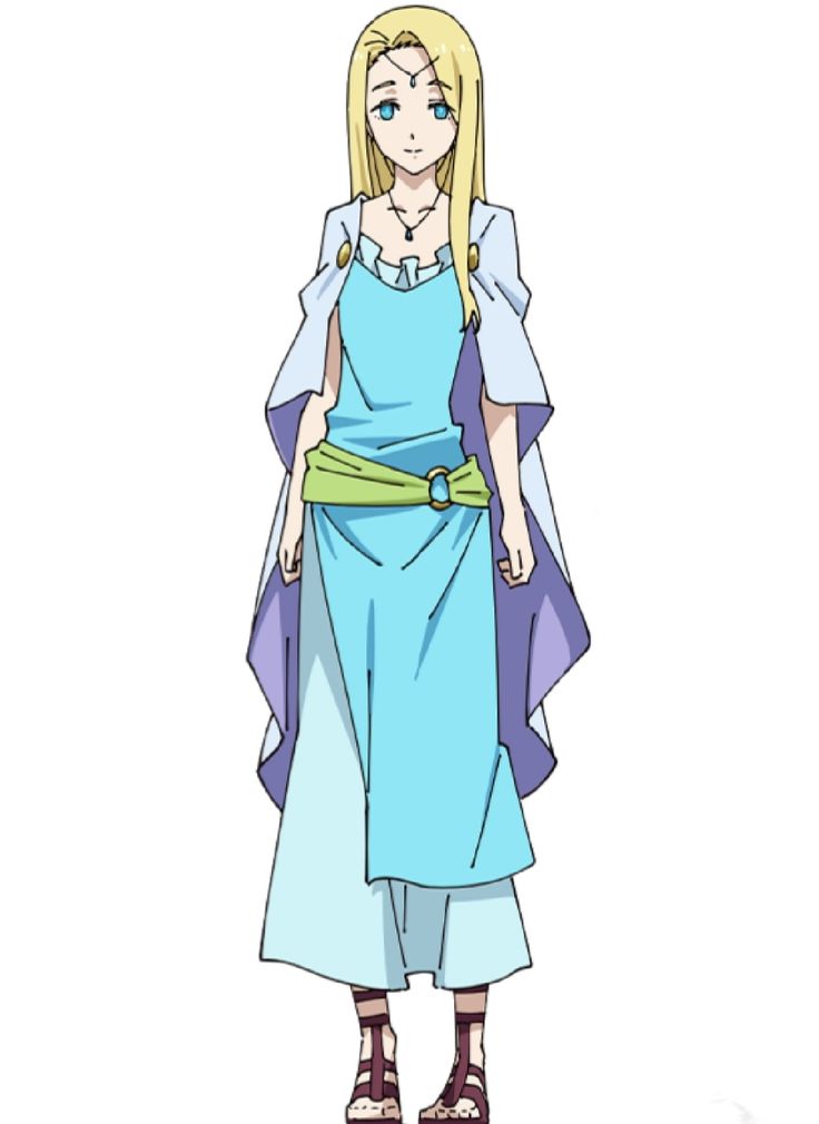 this is a cartoon drawing of an anime girl with long blonde hair. she is wearing a blue dress with a purple cloak and sandals. she is standing on a white background.