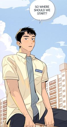 a young man in a school uniform sits atop a wall with a confused expression. he has a bandaid on his cheek and is looking up and off to the left. the background is a simple cityscape with tall buildings.  the overall lighting is bright and sunny, and the perspective is from a low angle looking up at the subject.