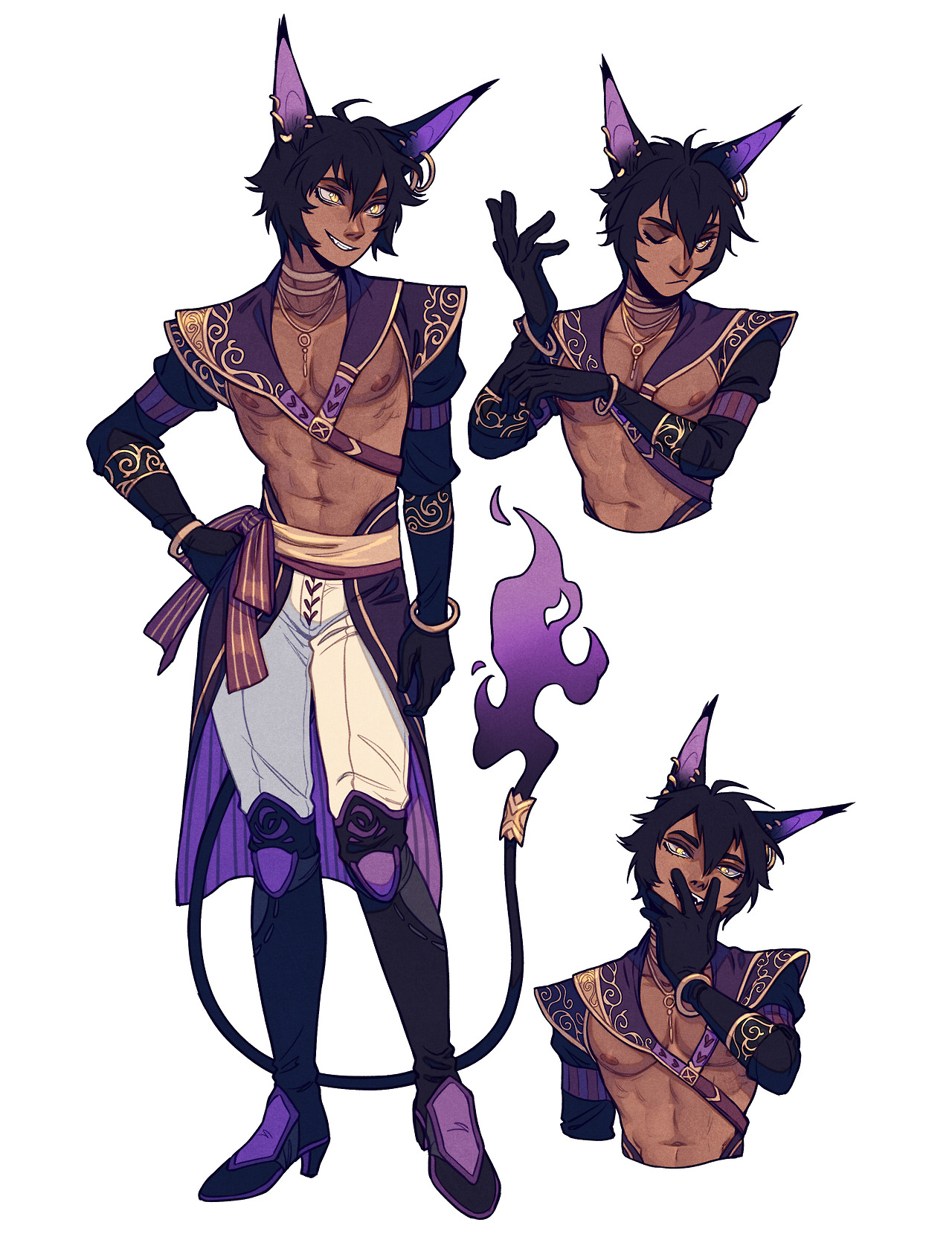 the image showcases a character design of a young, handsome demon male. he has dark skin, black hair with purple highlights, and pointed ears. he is dressed in an elaborate purple and gold outfit with a flowing cape, revealing his muscular physique. he accessorizes with gold jewelry and wields a staff with purple flames emanating from it. the image includes three different poses, offering various angles and expressions of the character.