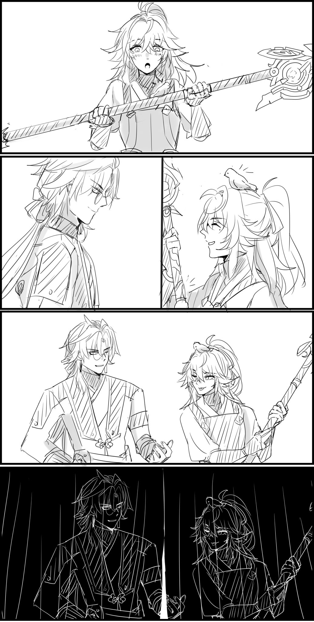 this image shows a series of panels depicting a young anime girl and boy interacting with each other. in the first panel, the girl is seen holding a staff while in the second, the boy is seen with a sword. the third panel shows the pair together and so on. the image is done in a black and white style, and it gives the impression of a romantic or friendly relationship between the characters.