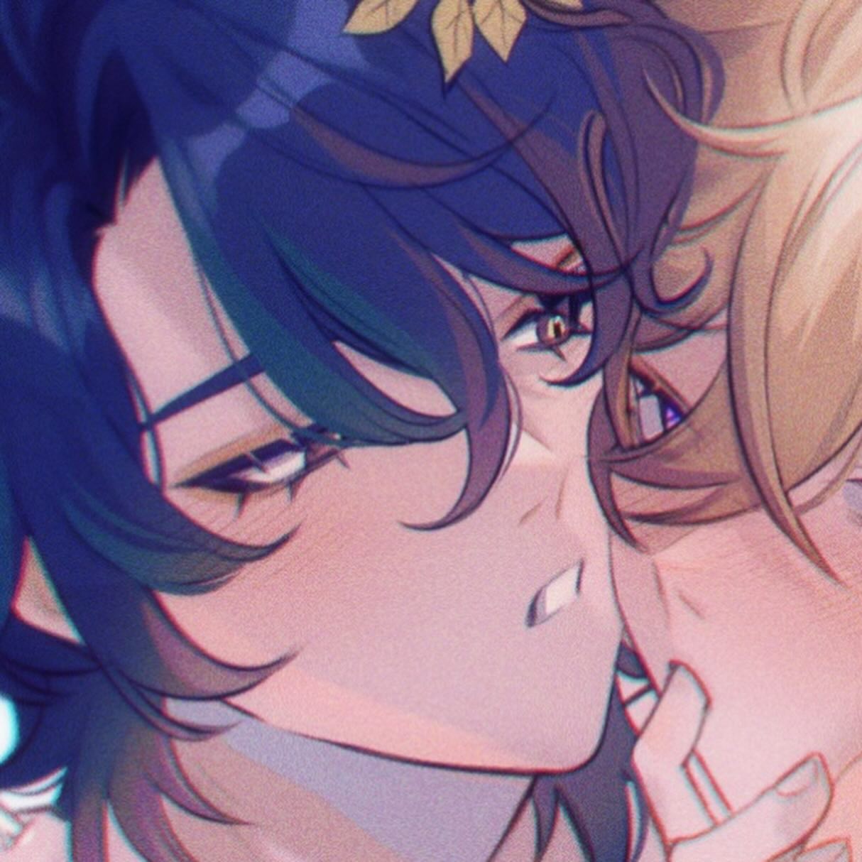 the image is a closeup digital fanart depicting a romantic moment between two animestyle boys.  one has dark purple hair and the other has blond hair. they are very close, almost embracing, with their faces touching. the art style is soft and uses pastel colors, creating a gentle and romantic atmosphere. the overall mood is intimate and suggestive of a loving relationship.