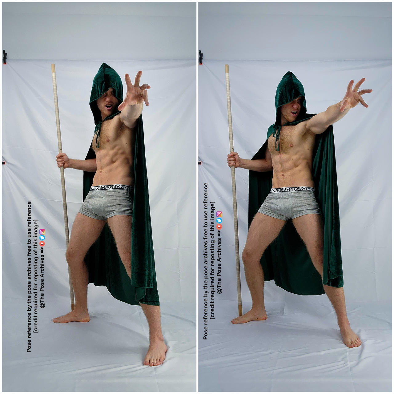 a shirtless man wearing gray underwear, a green hooded robe, and holding a staff, strikes a pose in front of a white background while extending one arm forward. the image is a sidebyside comparison with identical poses.