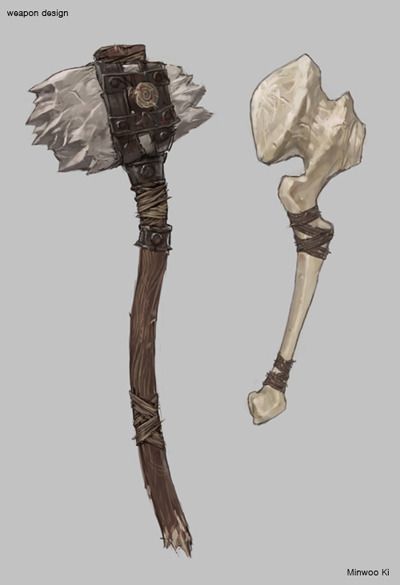 the image shows a weapon design concept featuring two different primitive weapons. on the left is a stone axe, with a rough, jagged stone blade secured to a wooden handle with metal reinforcements and wrapped binding. the handle is also wrapped at intervals. on the right is a bone club made from a large bone, possibly a femur or humerus, with wrappings securing the handle. the design is credited to minwoo ki.