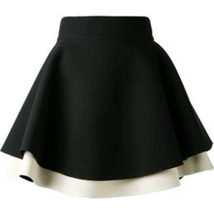 a black aline mini skirt with a white trim. the skirt is layered, giving it a flared look. it is a stylish and feminine piece of clothing that can be dressed up or down.
