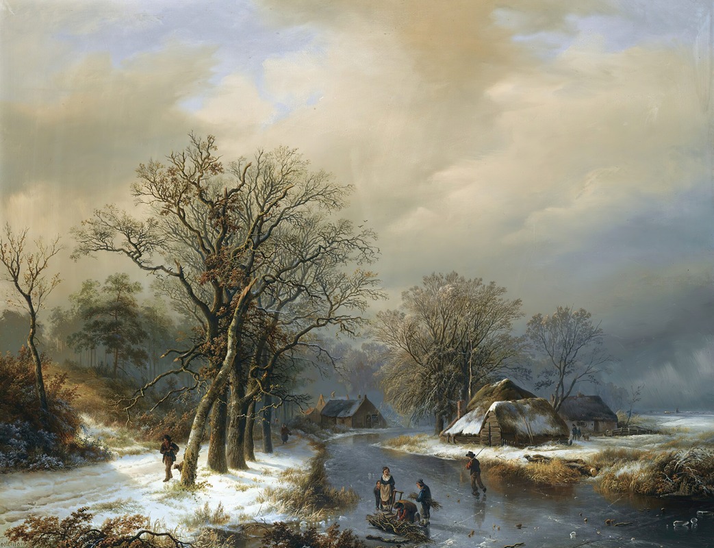 a 19thcentury oil painting depicts a winter landscape with a frozen river flowing through a rural scene. snow covers the ground and thatchedroof houses are scattered throughout the landscape. several bare trees dominate the foreground, their branches reaching towards the overcast sky filled with gray and white clouds. figures can be seen skating on the frozen river, while others are walking along the snowy path. the painting is reminiscent of old master dutch paintings of the winter season.