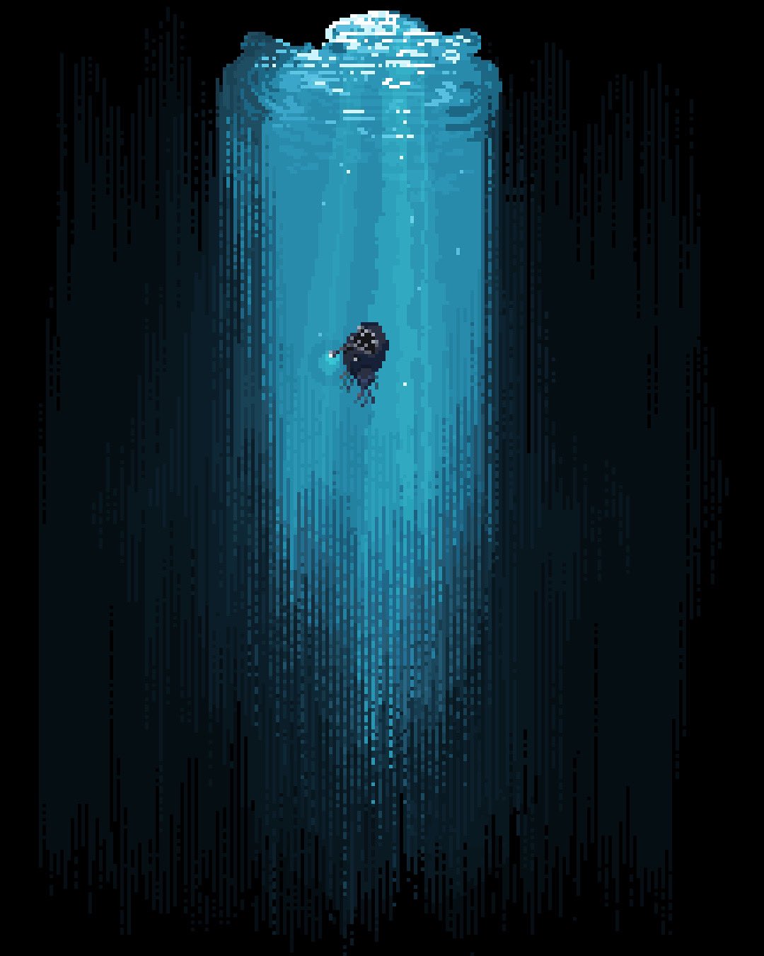 a pixel art image shows a lone diver in a dark, deep underwater environment. a beam of light from the surface shines down, illuminating the diver.