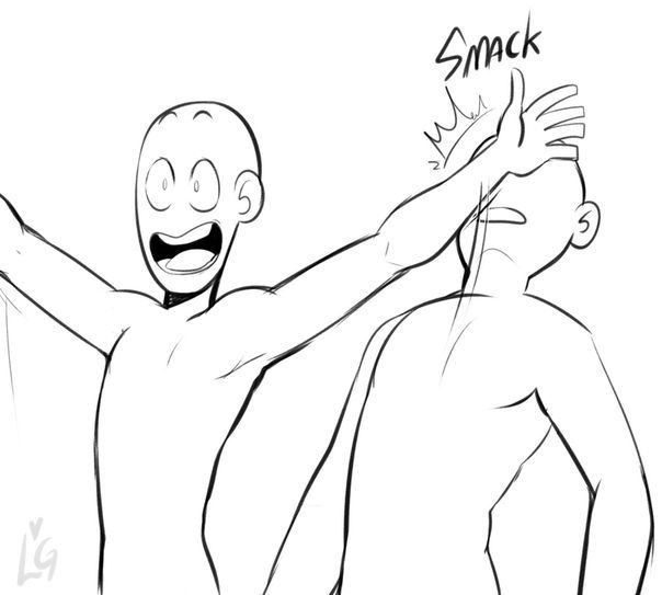 this is a lineart drawing of two people. the person on the left is laughing while the person on the right is covering their head as if they were just smacked. this is a basic character pose that could be used to make different comics or mangas.
