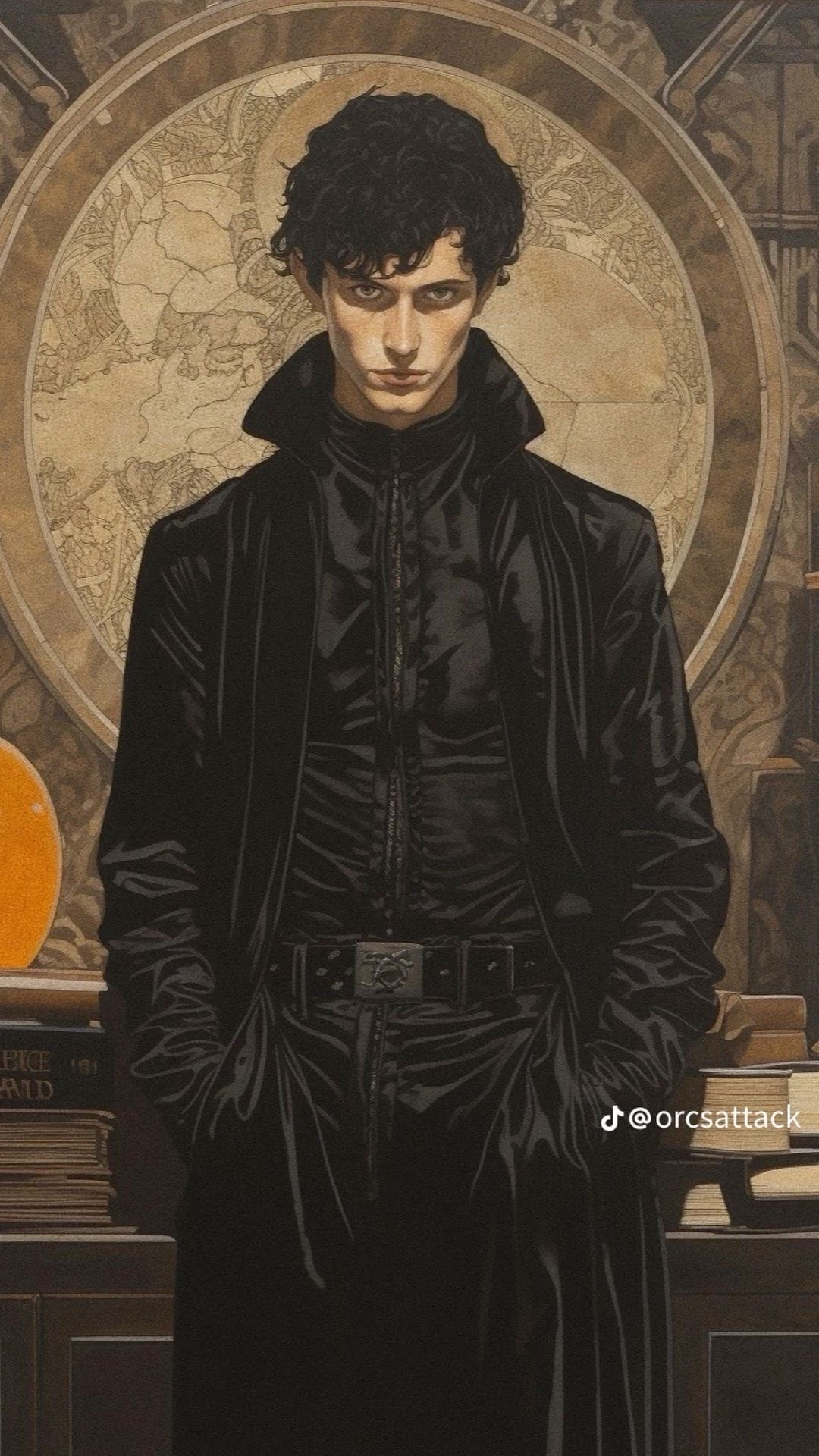 a portrait of a man standing in front of a large, antique bookcase. he is wearing a long black jacket with a high collar and a dark, serious expression on his face. he is looking directly at the camera. the background is dark and mysterious, suggesting a sense of intrigue and fantasy.  this is a captivating image with a rich historical feel.