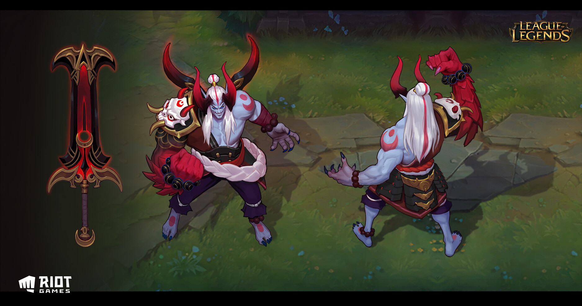 this image showcases concept art for a league of legends onithemed character skin.  the artwork presents the character from multiple angles, showcasing its detailed design which includes a large, ornate red and black sword, a mask, horns, and a red and black and white outfit reminiscent of a samurai.  the character's powerful physique and fierce expression are clearly depicted. the riot games logo is present in the bottom left corner. the background is a typical fantasy game setting with greenery and stones.