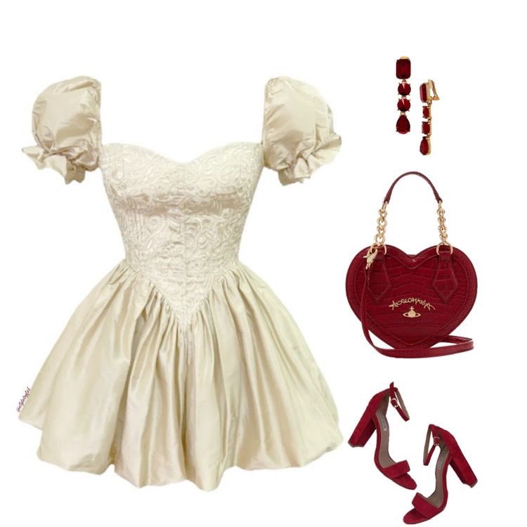 the image shows a white dress with puffy sleeves, red heart shaped handbag, red heels, and red earrings. the dress has a sweetheart neckline and is a light ivory color. the bag is a red crocodile pattern heart shape. the heels are red and have an ankle strap. the earrings are also red and have a small heart shape at the bottom. the entire outfit is a feminine and chic combination.