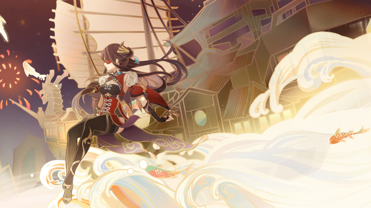 this is an illustration of an anime girl with long black hair in a red and black traditional chinese dress. she has a white background with clouds, waves and a ship, with a sunset and fireworks in the background. the image has a fantasy feel to it.