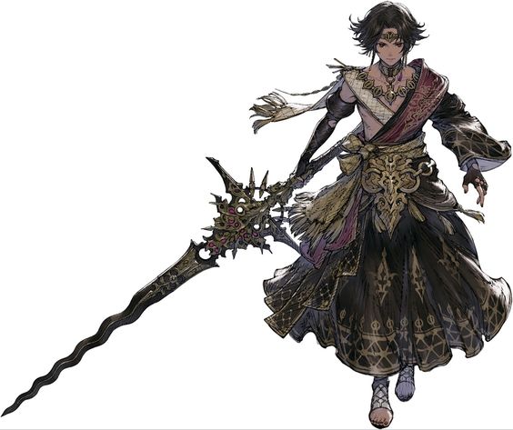an illustration of a man wearing an elaborate black and gold outfit with flowing cloth accents, standing on one foot and wielding a large black and gold sword with a spiked design. the man has dark hair and tanned skin, and he is looking off to the side with a serious expression.