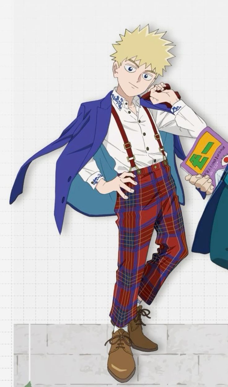 this is an anime illustration of a boy in a blue jacket, white shirt, plaid pants, brown shoes and suspenders. he's posing with his jacket in hand. he has blonde hair and brown eyes. the background is a white and grey checkered grid. the image is digitally drawn.
