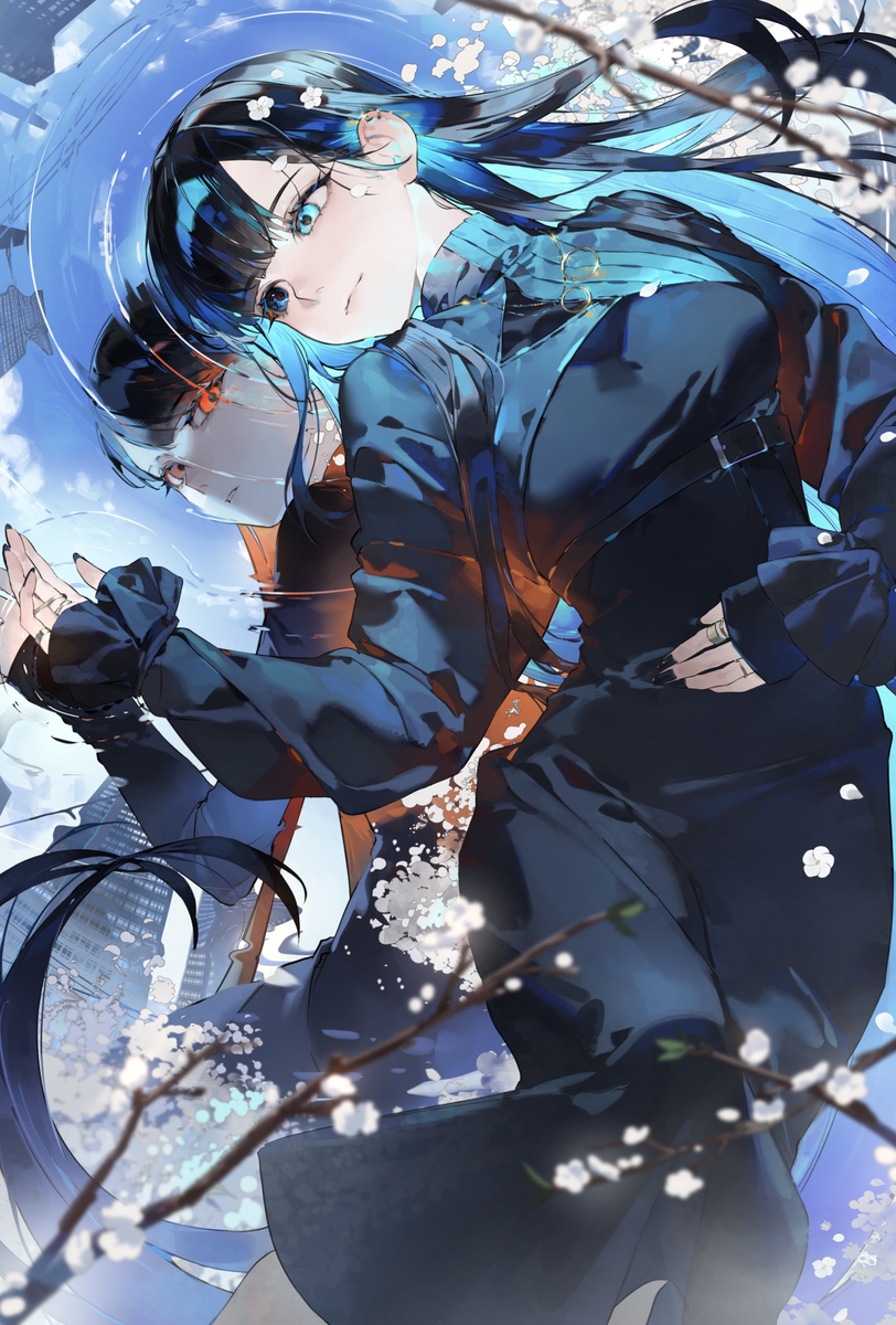 the image is an animestyle illustration of a young woman with long, flowing blue hair streaked with black. she has pale skin and striking blue eyes. she is wearing a stylish, allblack outfit consisting of a longsleeved top and matching pants cinched at the waist with a belt. the background features a cityscape, outoffocus and light blue, and a reflection of the woman, slightly different in coloration, as if looking into water. cherry blossoms are scattered throughout the foreground, adding a delicate touch to the scene.