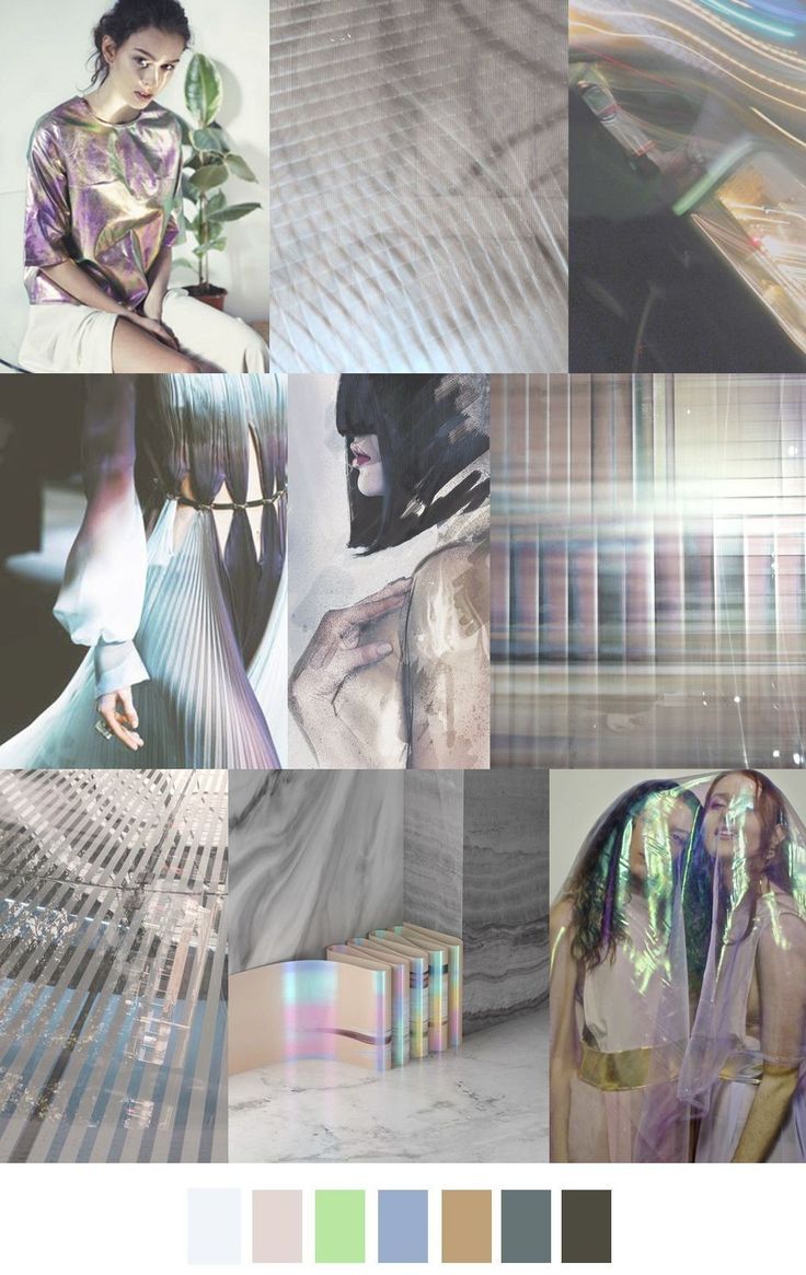 this is a mood board featuring different textures, patterns, and colors, giving inspiration for a fashion or art design project. the mood board features a collage of nine images, including a woman in a gold metallic dress, a woman in a flowing blue dress, a woman with a black veil, a woman wearing a sheer veil, and various abstract images. the colors used in the mood board are mostly muted and cool, including shades of gray, blue, pink, green, brown, and iridescent. the mood board is  organized and visually appealing, and it is sure to spark ideas for any creative project.