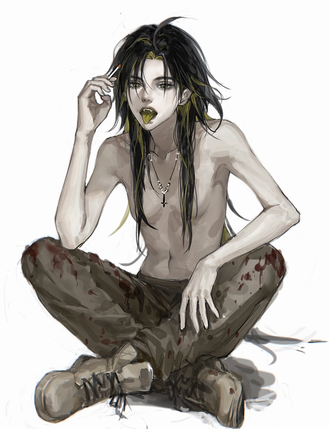 a drawing of an anime male character with black hair and blonde highlights, wearing a cross necklace and sitting with his legs crossed. he has blood stains on his pants and is holding a cigarette in his hand. he has his tongue out and looks bored.