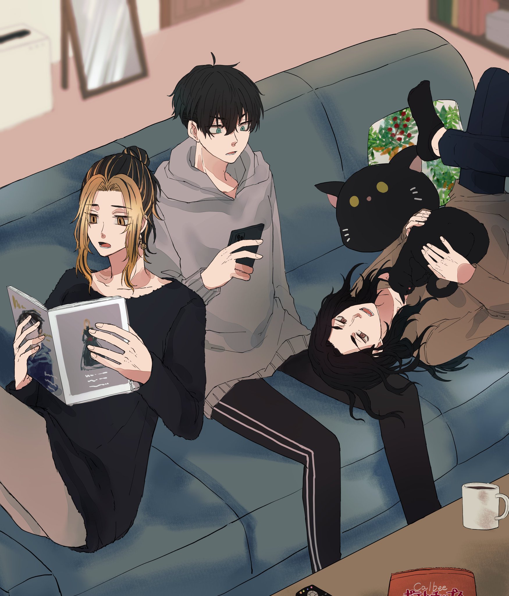 the image shows three friends relaxing on a couch. the friend on the left is a girl with long blonde hair who is reading a magazine. the friend in the middle is a boy with black hair and wearing a grey hoodie, looking at his phone. the friend on the right is a girl with long black hair laying across the couch. the girl on the right is hugging a black cat plush toy. they look happy and content together. the image is drawn in a manga style with detailed characters and backgrounds.