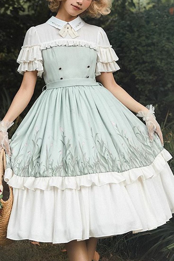 a woman in a vintageinspired, light green and white dress stands in a garden. the dress features delicate floral patterns, lace trim, and a layered skirt.  she holds a woven basket in one hand. the image evokes a soft and romantic atmosphere.