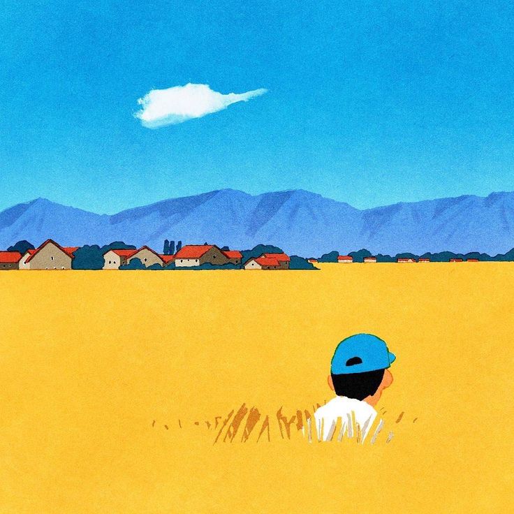 a boy with a blue cap sits in a golden field with his back to the viewer, gazing out at a distant village nestled at the foot of bluepurple mountains under a bright sky with a single white cloud.