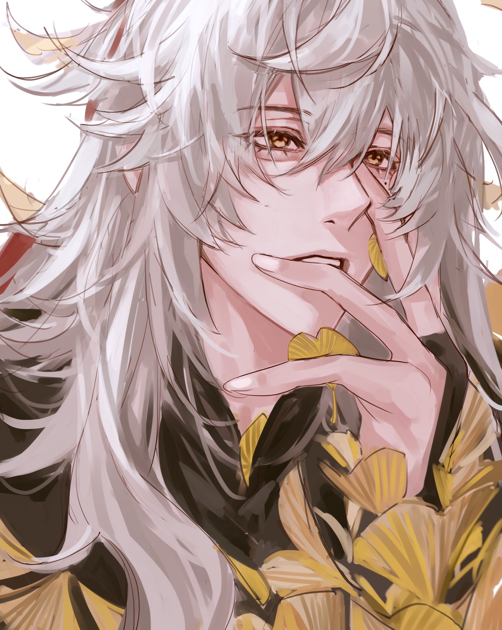 this is a digitally drawn illustration of an anime character. the character has long white hair that is covering their eyes. they have a hand on their face, and they are wearing a gold and black outfit. the background is plain white. the character's eyes are closed. the overall style of the art is soft and ethereal, and the use of color is very effective.