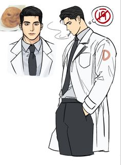 this is an illustration of a handsome man, likely a doctor, in a white lab coat with a stethoscope around his neck. he is smoking a cigarette and appears to be lost in thought. a "no smoking" sign is visible above his head, suggesting a conflict between his actions and his profession. he also has a pin on his coat with the letter "d".