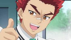 a closeup shot of an anime boy with spiky red hair and brown eyes. he's wearing a white shirt with a black collar and a green tie. he has a bandaid on his cheek and he's giving a thumbs up. content: drawing, portraitpeople:  man, boy, anime characterenvironment: indoorslighting: soft lightingperspective: closeupkw: anime, manga, red hair, brown eyes, bandaid, thumbs up, happy, confident, friendly
