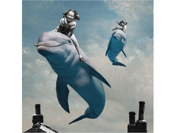 the image depicts two dolphins flying in the sky, with a girl riding on the back of one of them. the dolphins are a light blue color, and the sky is a pale blue, with some clouds in the background. the girl is wearing a dress and has a look of joy and excitement on her face. the image is a whimsical and surreal depiction of childhood dreams and the freedom of flight. the overall feeling of the image is one of joy, wonder, and adventure.