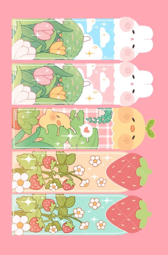 the image showcases five adorable, pastelcolored bookmarks featuring cute illustrations.  the top two bookmarks show white bunnies peeking out from a field of tulips and a pastel blue and pink sky.  the third bookmark features a yellow chick surrounded by leafy plants. the bottom two bookmarks show strawberry plants with ripe red strawberries and small white flowers, with a pastel orange and mint green background respectively. each bookmark is designed in a kawaii style, with soft colors and rounded shapes. the overall style is sweet, charming, and whimsical.