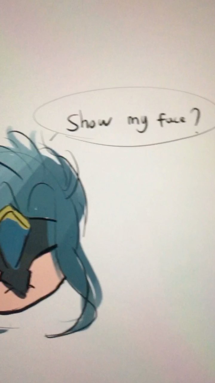 the image is a digital drawing or painting in a simple anime style. it depicts a female character with long, teal or blue hair, partially obscuring her face.  only a portion of her face is visible, suggesting shyness or reluctance. above her head is a speech bubble containing the handwritten text "show my face?". the art style is loose and somewhat sketchy, giving it a casual feel. the background is plain light grey.
