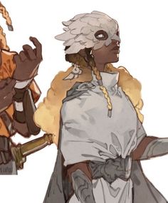 the image showcases two figures, likely characters from a fantasy setting. the most prominent figure is a woman with dark skin wearing an elaborate, feathered mask resembling a bird skull. her hair is styled in long braids adorned with beads, and she wears a white tunic with a high collar and armor accents. her pose suggests grace and perhaps a sense of readiness. the second figure, partially visible, appears to be a person with darker skin tone wearing orange clothing. they hold a stafflike object and are positioned behind the woman, their hand reaching out as if gesturing. the overall aesthetic leans towards fantasy, with a focus on character design and details like the mask and clothing.