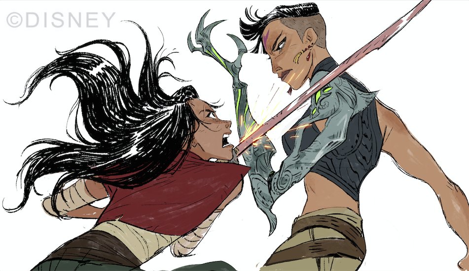 this is a comic illustration of two women fighting. the woman on the left is wearing a red shirt and is holding a sword. the woman on the right is wearing a black shirt and has a robotic arm that is wielding a sword. the swords are clashing in the middle of the image. the woman on the left is looking scared and the woman on the right is looking fierce.
