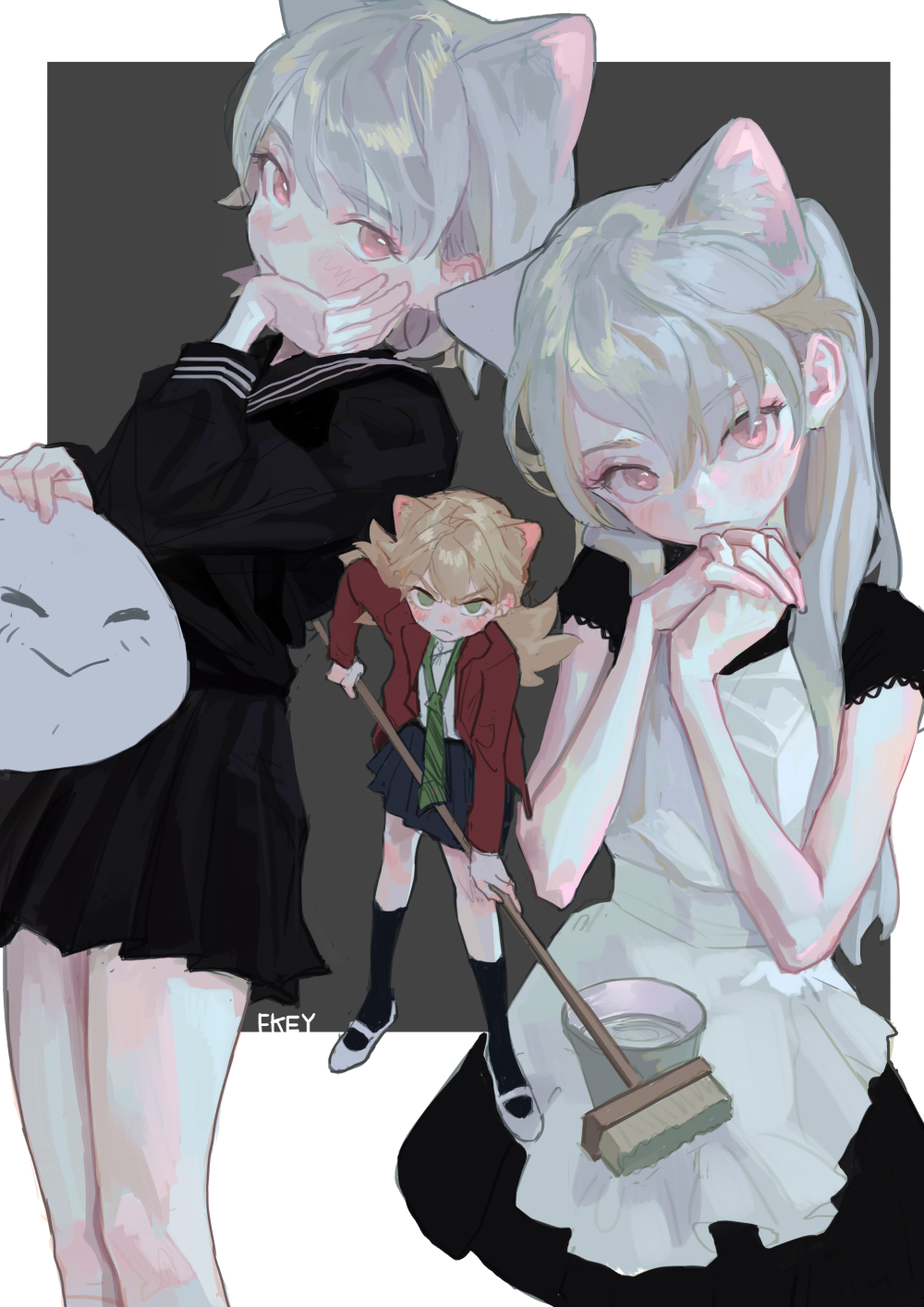 the image is an animestyle artwork featuring three characters. two of the characters have cat ears and pale skin. the character on the left wears a black school uniform, and holds a white slime character. the character on the right wears a black and white maid outfit, with her hands clasped under her chin. the character in the center is shorter with blonde hair and cat ears. she wears a school uniform and holds a broom. her expression is angry. a bucket and broom are located near the rightmost character.