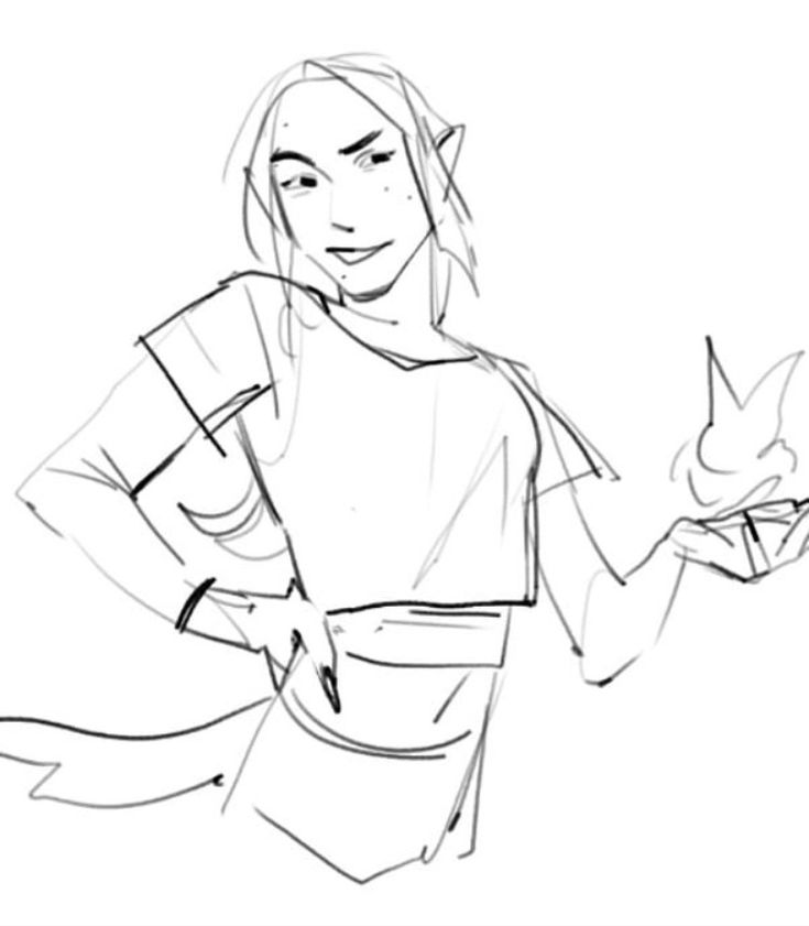 a sketch of a woman with a slightly mischievous expression, dressed in a casual shirt and shorts. she has pointy ears and is holding a small birdlike creature in her hand. she is drawn in a simple, black and white outline style.