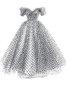 a white, tulle dress with a black polka dot pattern. the dress has an offtheshoulder neckline and short sleeves. it is a fulllength gown with a flowing silhouette. the dress appears to be made of a sheer fabric that gives it a delicate and elegant look. it would be perfect for a special occasion, like a wedding or prom.
