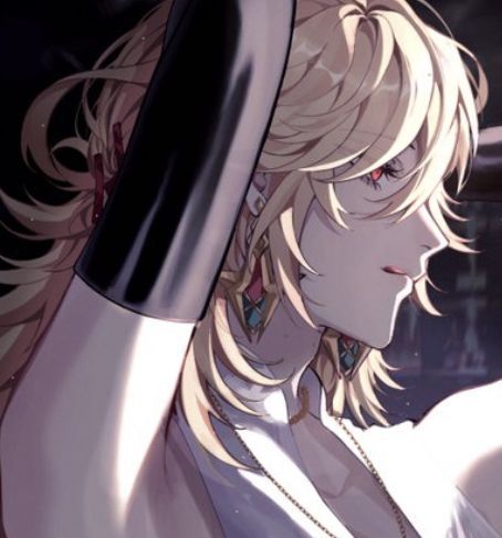 the image is a closeup, profile view digital artwork of an animestyle young man. he has long, blond hair, striking red eyes, and is wearing a white, somewhat loosefitting shirt.  he's adorned with elaborate gold and turquoise earrings and a simple gold necklace.  the most noticeable feature is a pair of long black gloves covering his arms. the background is dark and indistinct, emphasizing the character. the overall style is elegant and detailed, suggesting a fantasy or possibly mysterious setting. the art style resembles that of manga or anime illustrations.
