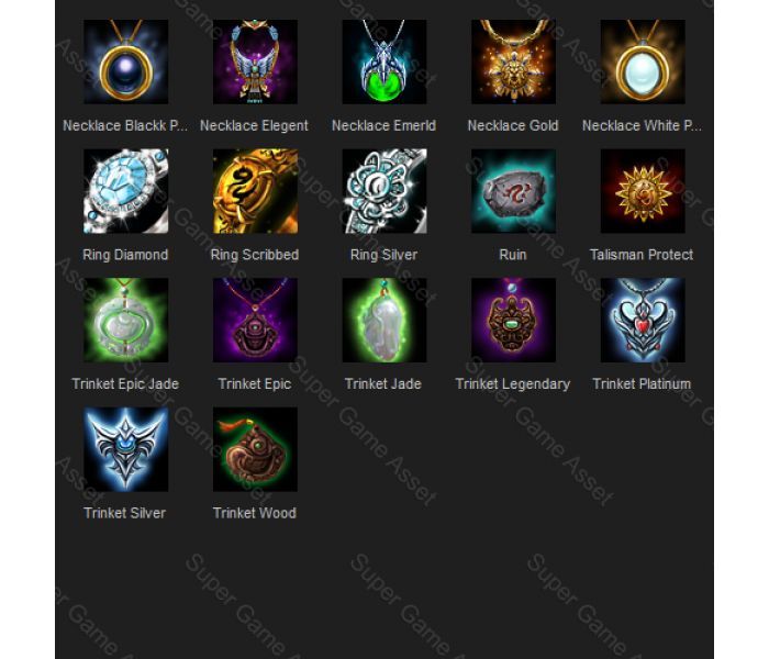 this image shows a grid of icons from a mobile or video game. each icon represents a piece of jewelry, such as a ring, necklace, or talisman.  the icons are labeled with their names and the rarity.  the game assets are likely from an mmorpg, where players can collect and use these items to enhance their characters. the image features assets like "necklace white pearl", "ring diamond", "trinket epic jade", "talisman protect", and "trinket wood".