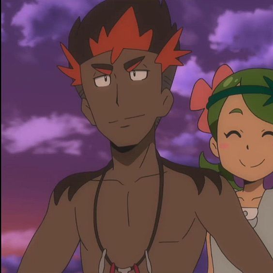 the image shows two anime characters, a man and a woman, standing close together against a sunset backdrop at a beach.  the man, with dark skin and red hair, has a slight smile and appears muscular. the woman, partially obscured, has light green hair and a cheerful expression. the warm sunset colors illuminate the scene, creating a romantic and peaceful atmosphere.