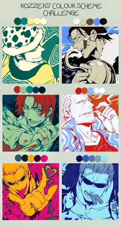 the image is a collage of 6 separate illustrations of male characters, each in a limited color palette (45 colors). the style is line art with flat colors. the characters are drawn in various poses, expressions, and with props like cigarettes and hats. the image is titled "rozzers' colour scheme challenge."