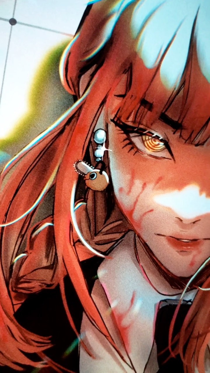 the image is a closeup stylized portrait of a young woman, likely an anime or manga character. she has vibrant orangered hair, intense golden eyes, and noticeable bloody wounds or scars on her face and neck.  she's wearing an earring shaped like a miniature chainsaw. the art style is highly expressive and dramatic, featuring strong lines, vibrant colors, and a focus on her intense gaze. the overall mood is dark and somewhat violent, suggesting a character involved in conflict or danger. the image appears to be digital art in the style of a graphic novel or comic book illustration.