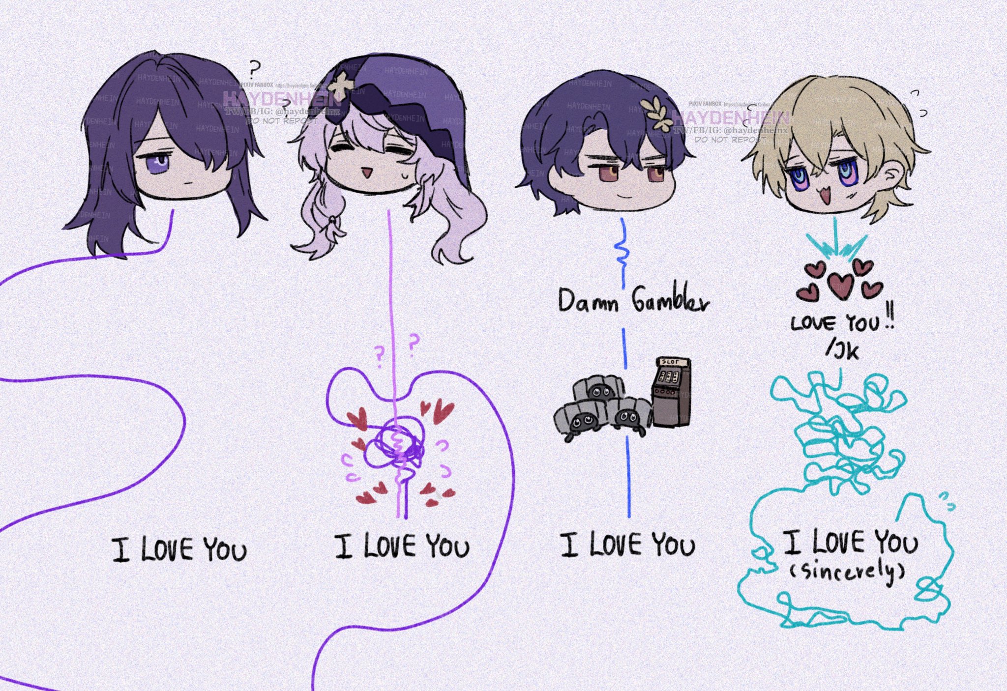 this image is a comicstyle illustration featuring four anime characters. two of the characters are female and two are male, represented by their heads and a small amount of their body. the characters are connected with lines that have hearts drawn on them
