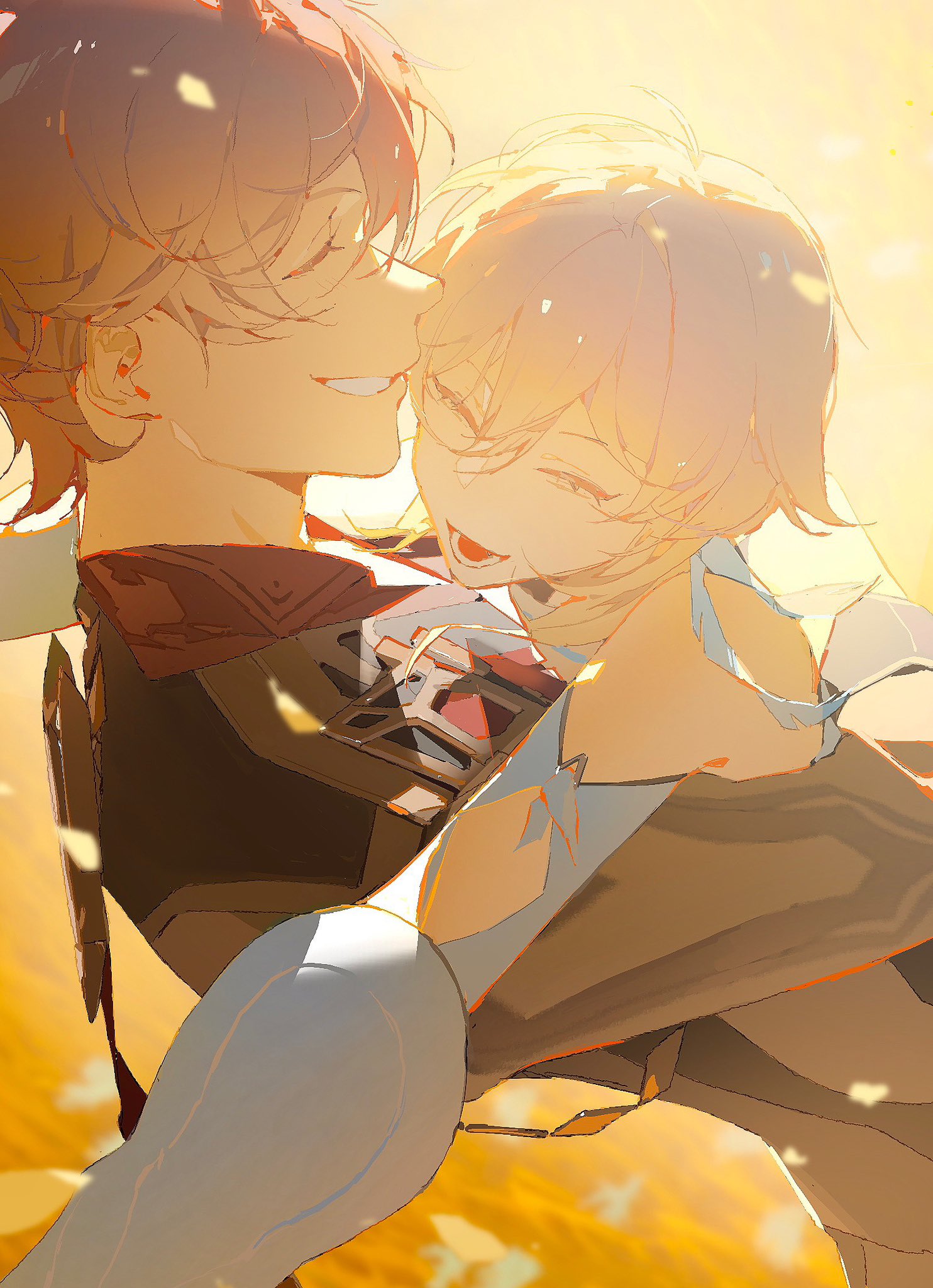 an animestyle digital illustration shows childe hugging lumine from the video game genshin impact. both characters are smiling with their eyes closed, conveying a sense of warmth and affection. the art style is stylized with soft lighting and a vibrant, sunny background.
