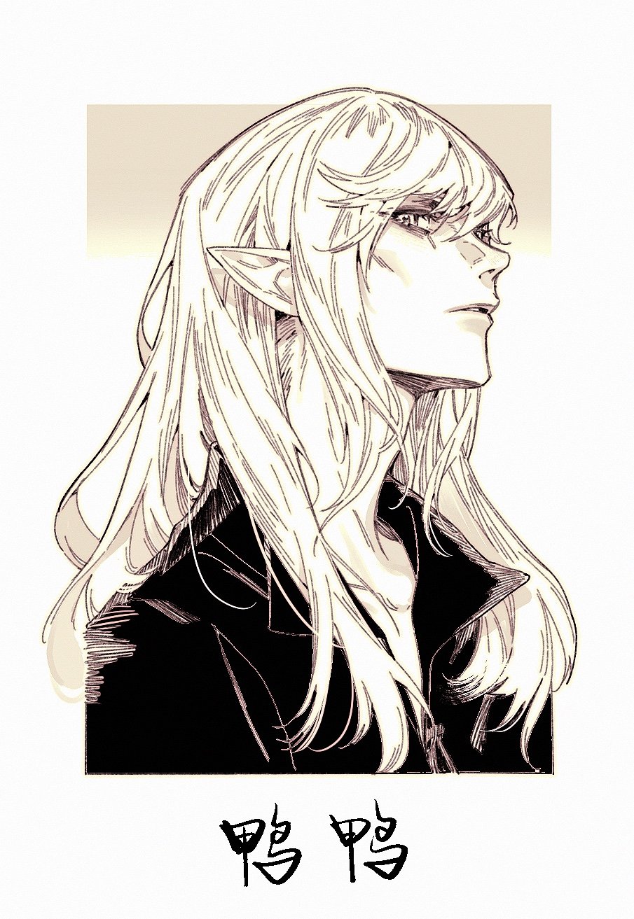 a black and white manga style drawing of a male elf with long white hair, pointy ears, and a serious expression. he is wearing a black jacket and looking away. the drawing is in a sketchy style and has a sense of mystery.