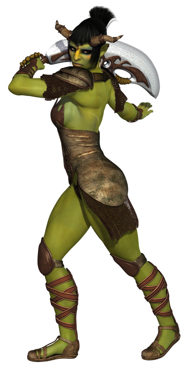 a fullbody digital illustration portrays a female orc warrior with green skin and small horns. she's clad in worn leather armor with chainmail accents and wears sandals with wrappings up her legs. her black hair is tied back in a ponytail. she holds a large, ornate sword over her shoulder, her expression fierce and determined. the background is solid black, highlighting the character.