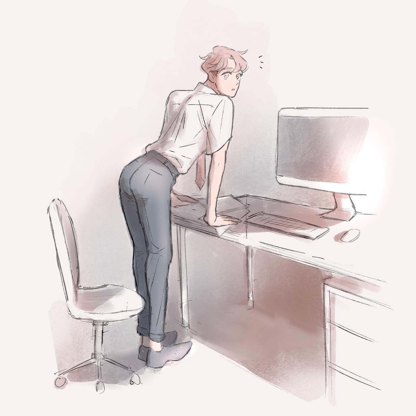 the illustration depicts a young man, drawn in a soft, pastel anime/manga style, leaning over a computer desk. he's wearing a lightcolored, untucked shirt, a tie, and dark pants. his posture is slightly bent, and his expression suggests surprise or mild shock. the setting appears to be an office, with a simple desk, chair, and computer monitor. the art style emphasizes soft lines and a watercolorlike effect, creating a relaxed and dreamy atmosphere. the overall mood is light and slightly humorous, focusing on the character's pose and expression.