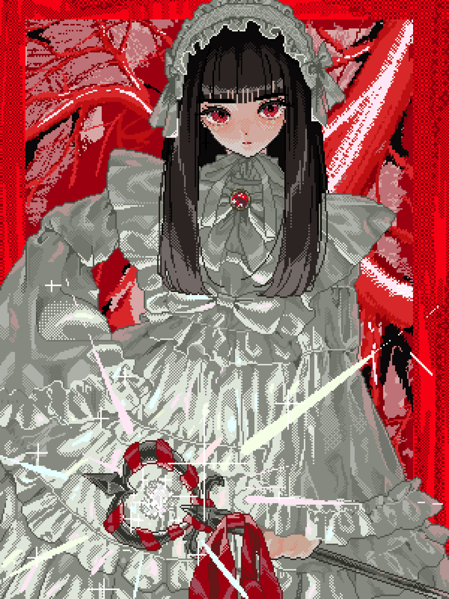 the image is a pixel art illustration of an anime girl dressed in a gothic lolitastyle white dress. she has long, dark hair with bangs, red eyes, and is wearing a white bonnetlike headpiece.  the dress is ornate, with lace and a large bow. she holds a redandwhite wand, from which streams of light radiate, adding to a magical, whimsical effect.  the background is a stark red with stylized, almost abstract, red floral or leaflike shapes. the overall style is cute and stylized, but with a touch of darkness from the red backdrop and the character's somewhat serious expression.  the pixelated nature of the art gives it a retro video game or early internet aesthetic.