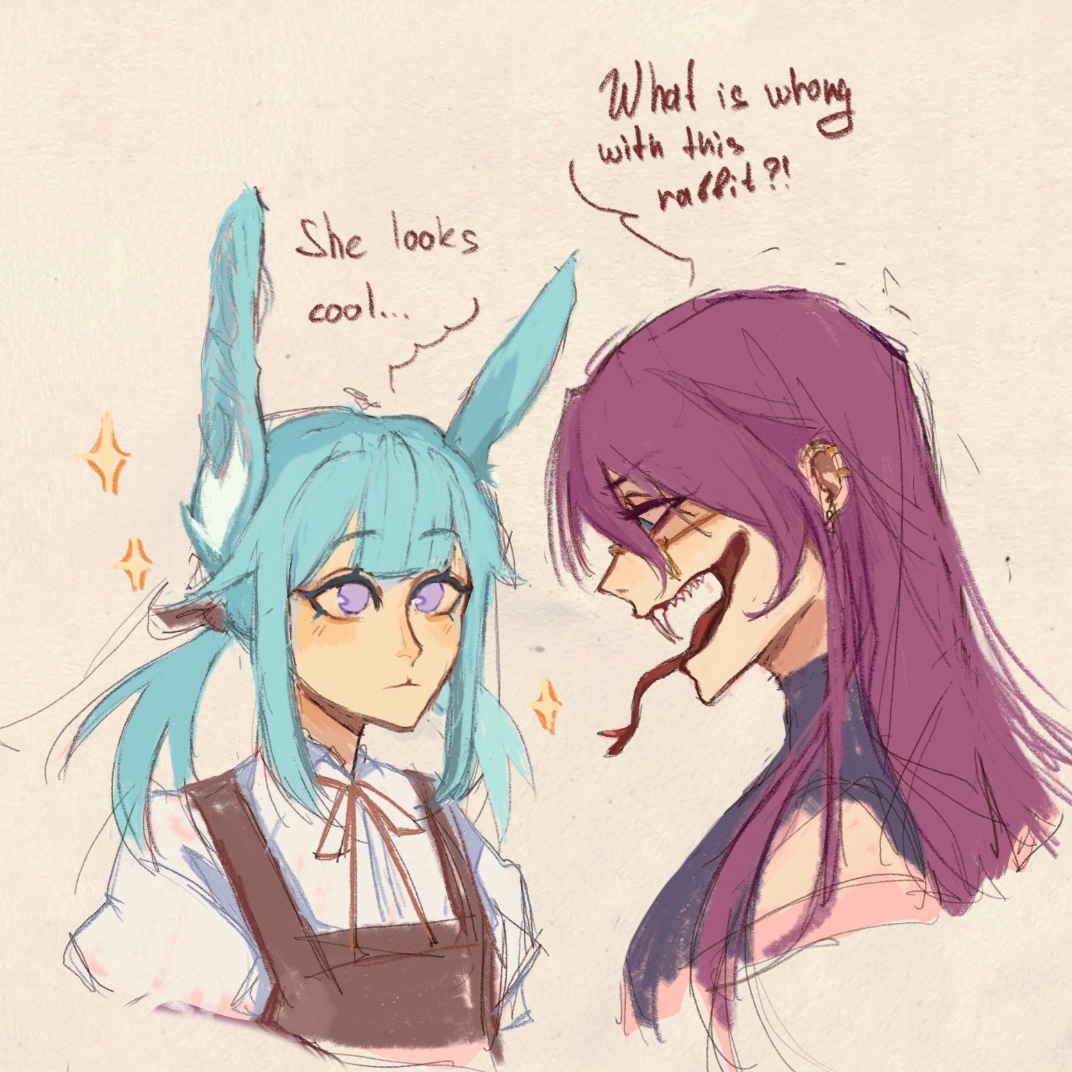 he image is a digital drawing featuring two animestyle female characters.  the character on the left has long, light blue hair with rabbit ears and is dressed in a lightcolored dress with a brown apron. she has a calm, almost serene expression.  the character on the right has long, dark purple hair and a more sinister look, with a long, exaggerated, snakelike tongue.  a speech bubble above her head reads, "what is wrong with this rabbit?!"  a speech bubble near the bluehaired girl says, "she looks cool..."  the art style is loose and sketchy, with visible brushstrokes and a soft color palette. the overall mood is a playful contrast between the cute and the slightly unsettling.