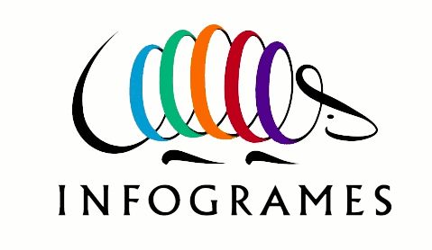 the infogrames logo features a stylized armadillo with colorful rings on its back. the armadillo is depicted in black, with its legs in the shape of two black squiggles below its body. the name "infogrames" is written in a black, sansserif font below the armadillo.