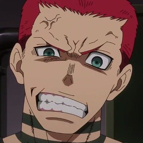 a closeup shot of an anime character with red hair and a furious expression. he has his mouth open, revealing his teeth, and his eyes are wide and intense. he appears to be in a rage.