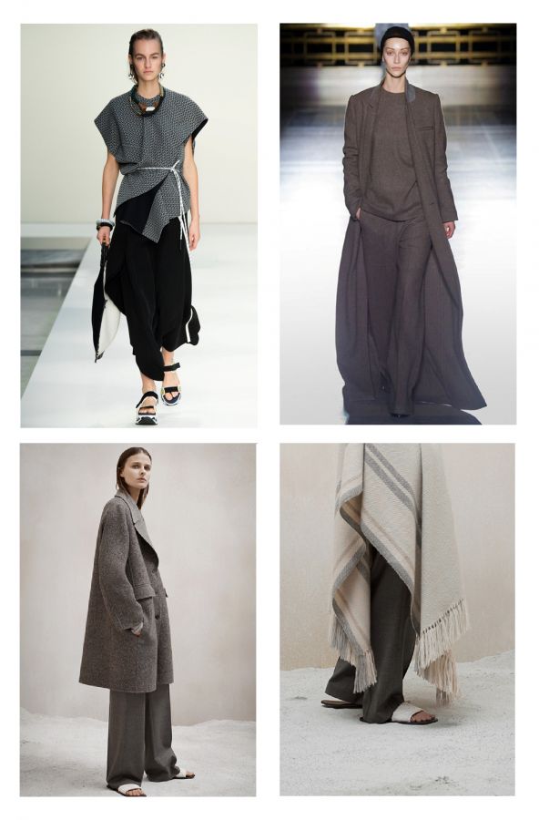 the image shows a fourpanel collage of fashion runway looks, featuring models wearing various long coats, jackets, and pant outfits. the first panel depicts a model in a layered asymmetrical top and black pants. the second panel shows a model in a long brown coat and pants. the third panel features a model in a gray coat and matching pants. the fourth panel showcases a model in pants with a poncho draped over them. each panel highlights different styles and color schemes, showcasing a range of fashion designs.