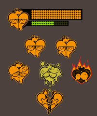 the image shows a series of heart icons in various stages of damage, likely representing a health bar or life meter in a video game. the heart starts full and vibrant, then progressively shows signs of wear and tear  melting, cracking, and finally breaking apart  as its health depletes.